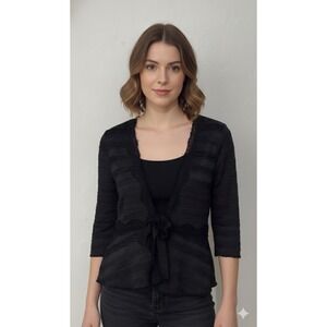 Pleats Collection Black Lace Trim Tie‎ Front Peplum Cardigan Top Small